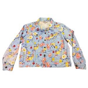 Woman Within Jacket‎ Women's 16W Denim Blue Floral Trucker Jacket Button Up